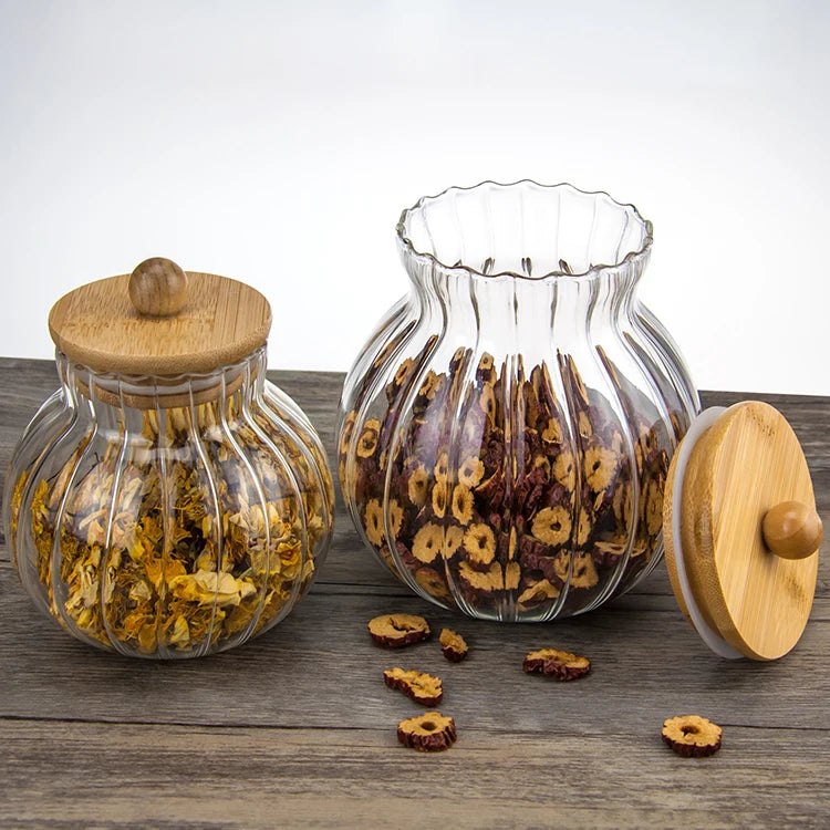 Kitchen Pumpkin-patterned clear Glass Kitchen Pot with an Airtight Bamboo Cover