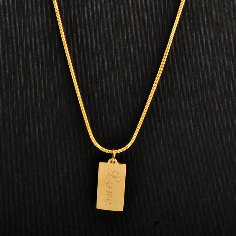 Non Tarnish 18K Gold Plated LOVE Necklace for Women Girls Fashion Snake Chain Custom Engraved Mini Rectangle Pendant Necklace