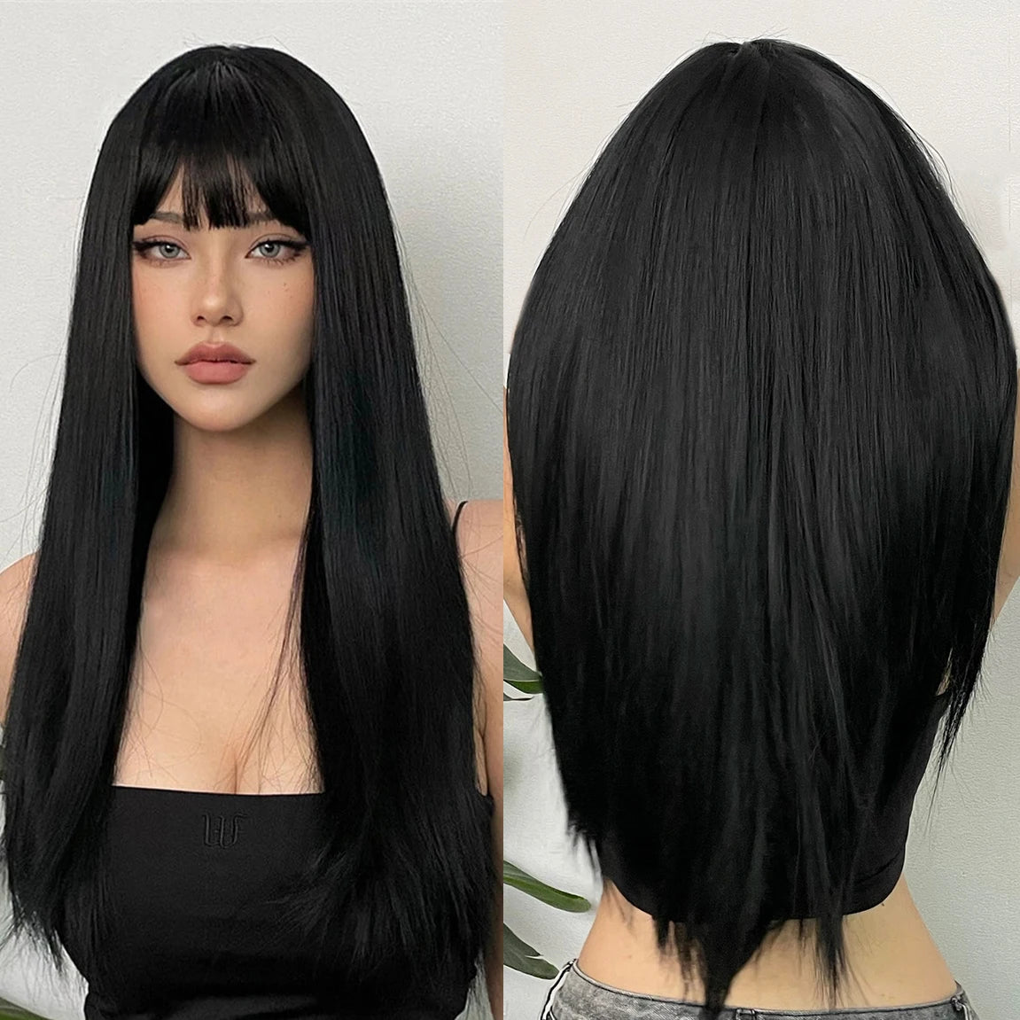 Factory Fast Delivery Black Long Straight Hair Wigs with Bangs Natural Looking Black Synthetic Wig for Women Heat Resistant