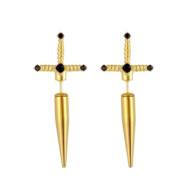 18K Gold Plated Stainless Steel Fashion Punk Gothic Jewelry Trendy Black Dagger Sword Stud Earrings for Women Girls