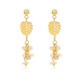 Trendy Women Fashion Jewelry 18K Gold Plated Leaves Dangle Drop Stainless Steel Bridal Pearl Earring