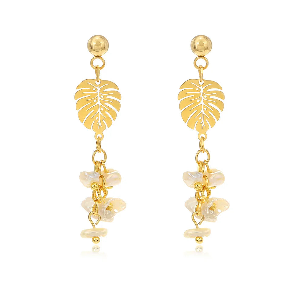 Trendy Women Fashion Jewelry 18K Gold Plated Leaves Dangle Drop Stainless Steel Bridal Pearl Earring