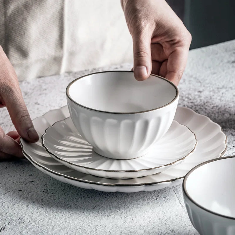Nordic Retro Plain White Ceramic Bowl Plate Dinnerware Set