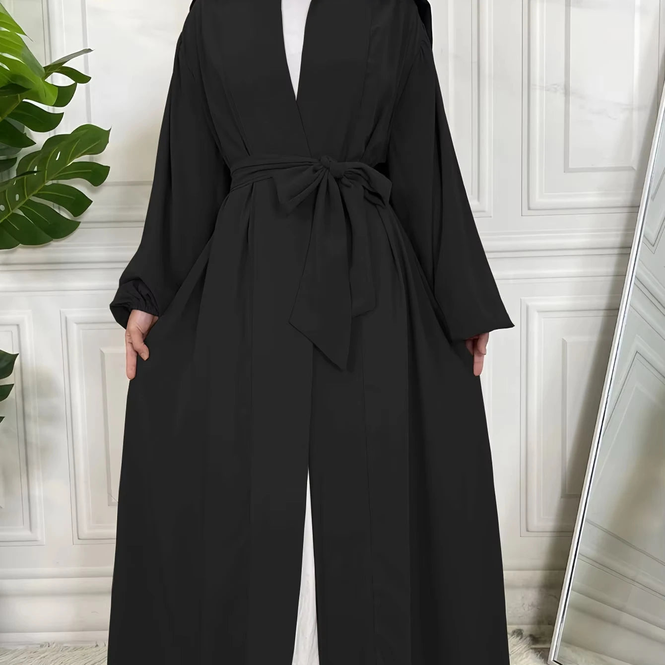 Yuxi   2024 New Clean Color Temperament Fashionable Loose Muslim Southeast Asian Cardigan Belt Long Dress Open Abaya