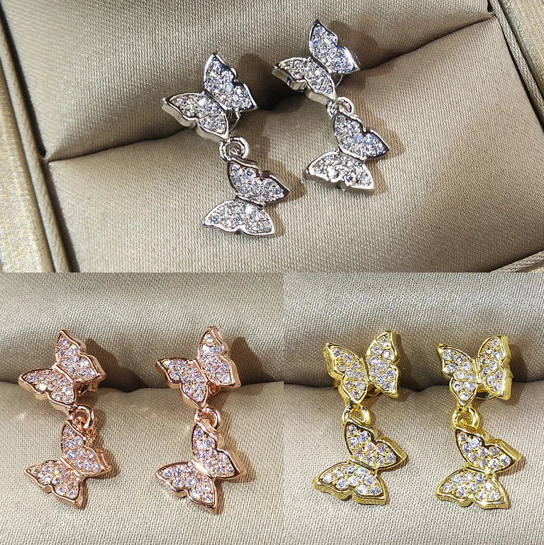 CAOSHI Double Butterfly Girls Jewelry Drop Earrings Zircon Silver Gold Rose Gold Sweet Bling Bling Butterfly Earrings Women