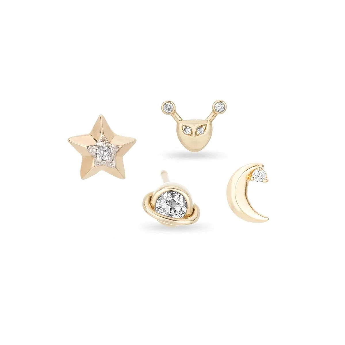 LOZRUNVE 925 Silver 14k 18k Gold Tiny 3D Diamond Star Moon Martian Planet Posts Stud Earring