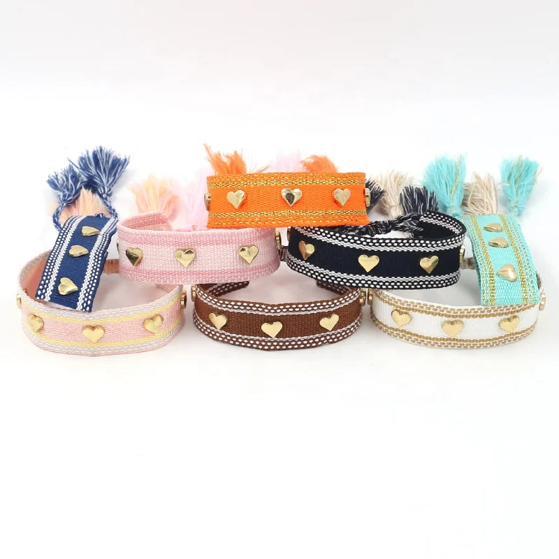 Golden Heart-shaped Metal Rivets Woven Wristband Friendship Bracelet Webbing Tassel Bracelets for  Women