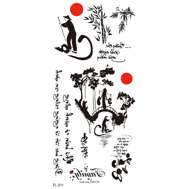 BXTAT TL211 TL216 Temporary Tattoo Sticker Set Black Brush Drawing Quotes White Paper Body Featuring Deer Horned Horse Balloons