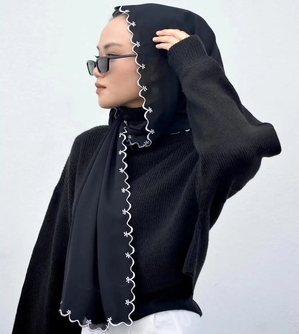 Customized Chiffon Scallop Embroidery Scarf Headscarves Malaysian Hijab Kencana Sulam Shawl