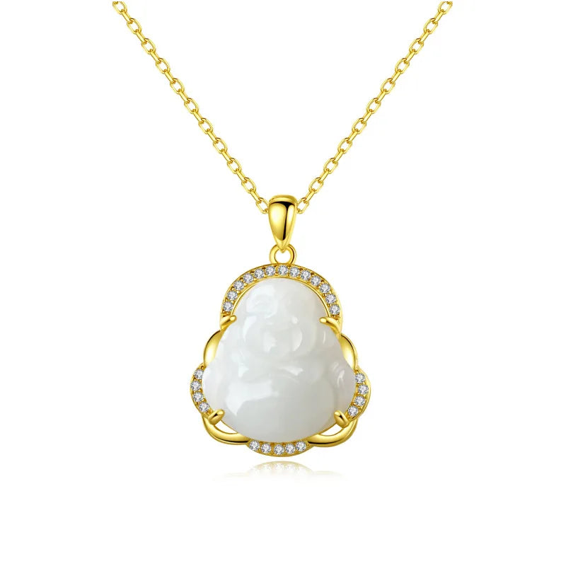 S925 Sterling Silver 22K Gold Plated Crystal Edge Buddha Natural Jade Religious Maitreya Jade Pendant Buddha Necklace