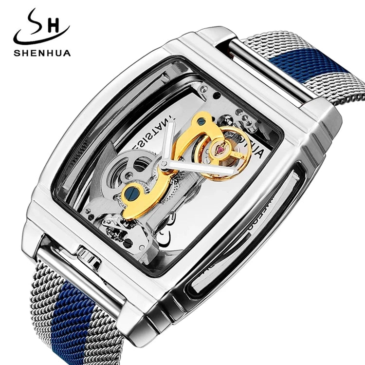 2021 NEW SHENHUA Men's Sport Automatic Mechanical Watch Steampunk Skeleton Design with Self Winding Leather Strap Seiko Movement