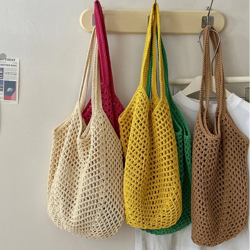New Women's Beige Large Capacity Cotton Thread Hollow Weaving Shoulder Bag Vacation Beach Bag Two Handles Open for Spring Summer
