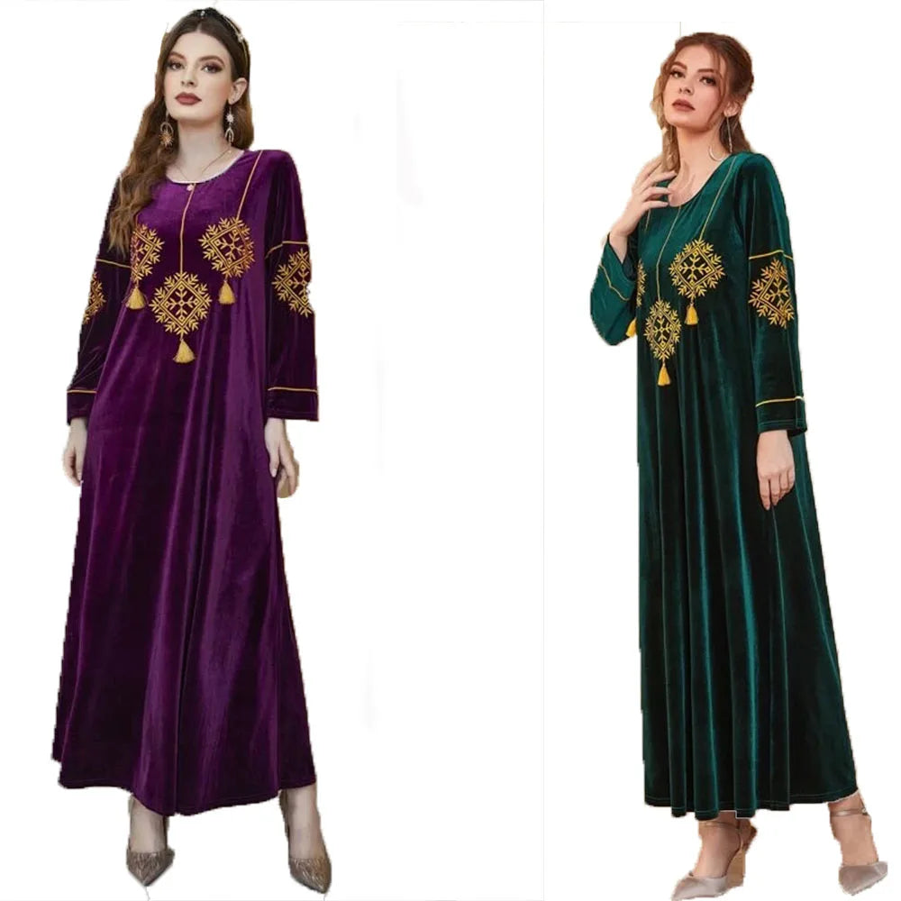 KY High Quality Designer Kaftan Embroidery Tassel Velvet Abaya Dress Long Polyester Breathable for Autumn Season