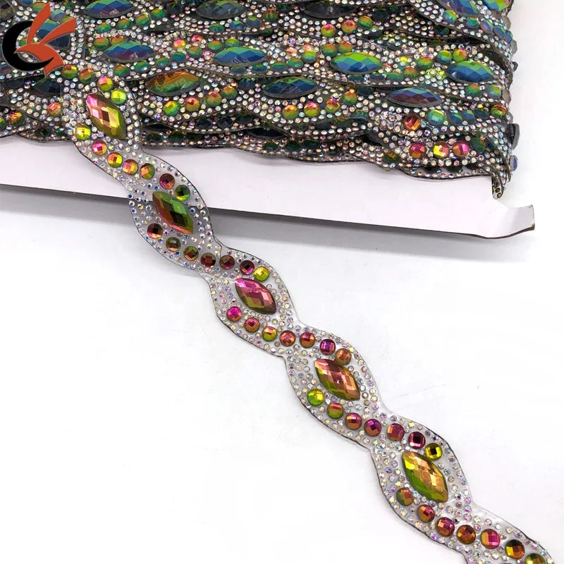 Sparkling Rainbow Clear AB Glass Crystals Hot Fix Iron on Rhinestone Tape Trimming for Carnival Dress Bikini Bags Decoration
