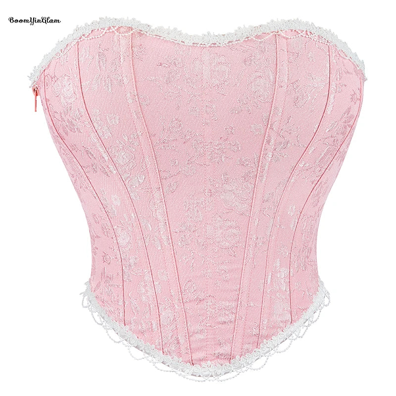 Lace Trimmer Boned Korsett Woman's Floral Embroidered Breathable Plus Size Waist Training Corset Bustier Y2K Zipper Strapless