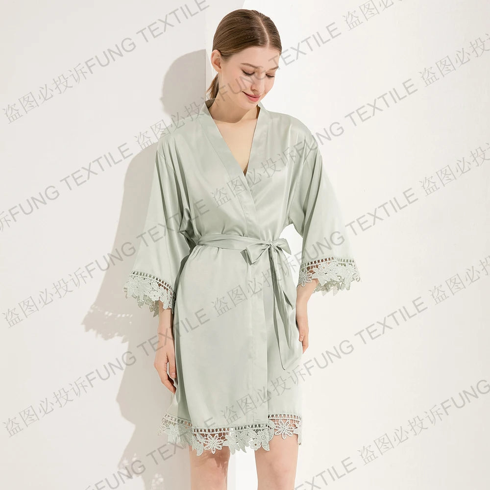 FUNG 3031 Women Lace Trim Robes Silk Satin Bridal Robe Wedding Party Sleepwear