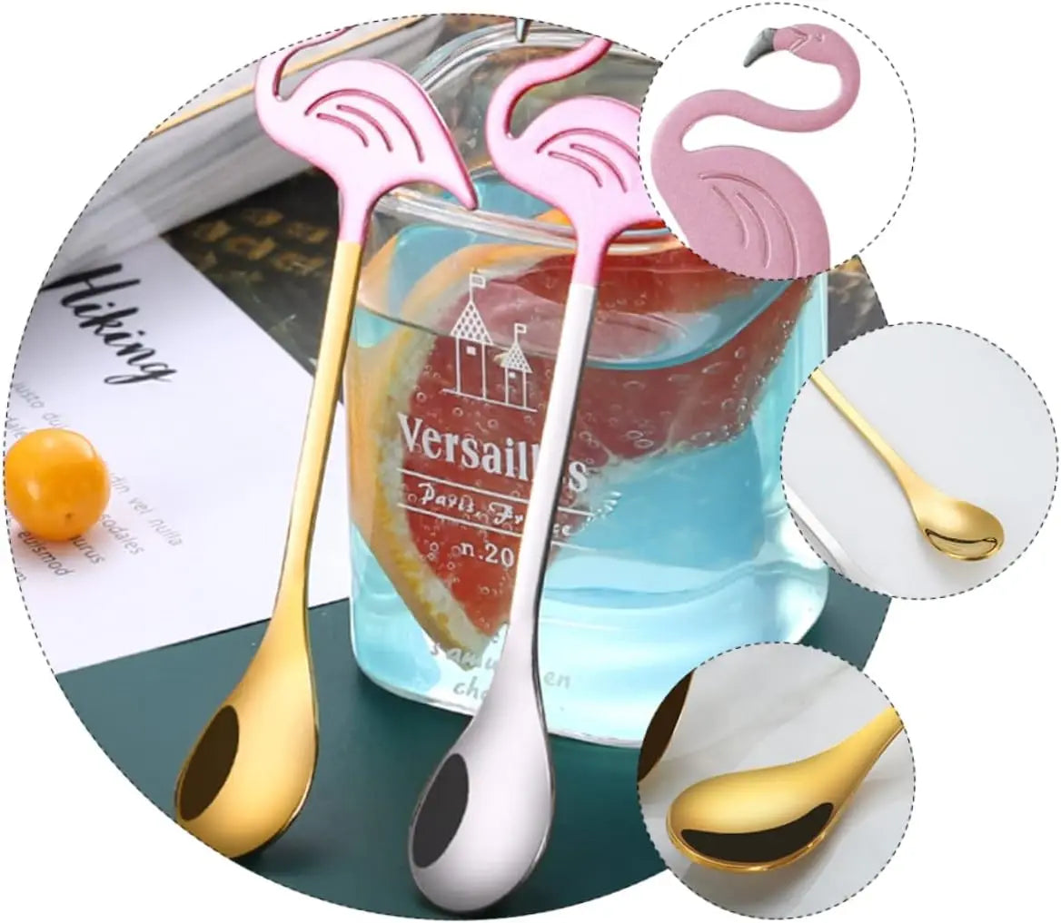 2Pcs Luxury Gold Plated Stainless Steel Flamingo Design Coffee Spoon High Mirror Polish 13cm Unique Drinks Desserts Home Use