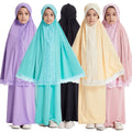 Muslim Kids Prayer Zipper Khimar Set With Skirt Solid Color Batwing Hijab Instant Sets for Children C231