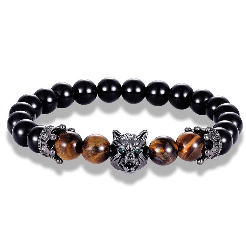 Men's Fashion Jewelry 4 Colors CZ Wolf Head Accessories Matte Agate Black Agate Beads Natural Tiger Eye Stone Bracelet Steel
