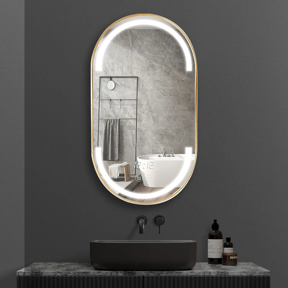 Hotel Wall Mounted Oval Gold Alum Frame Smart LED Mirror Defogger Lighted Vanity Bathroom Mirror LED Lighted Mirror