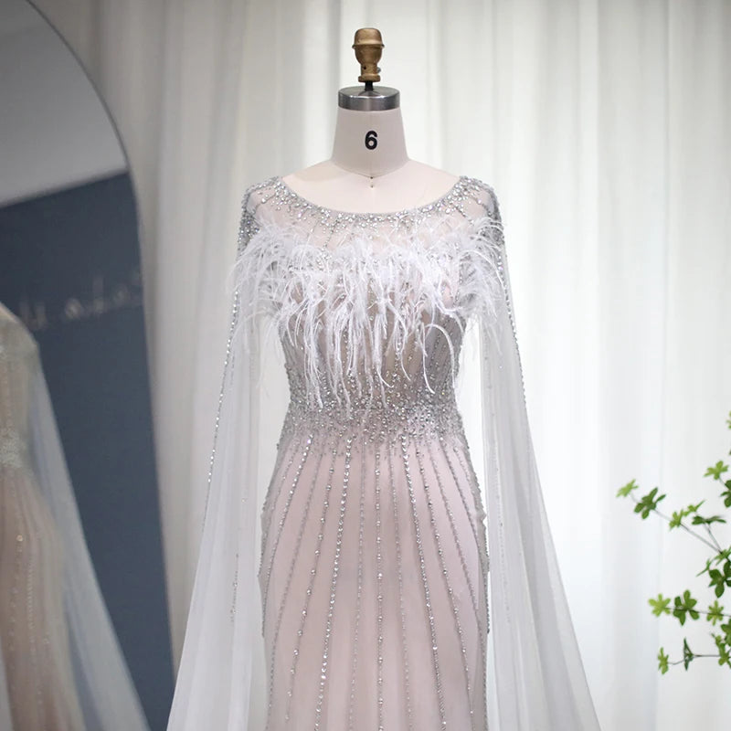 Jancember LSCZ123 Modest Feather O-neck  Beading 2023 Gowns for Women Evening Dress
