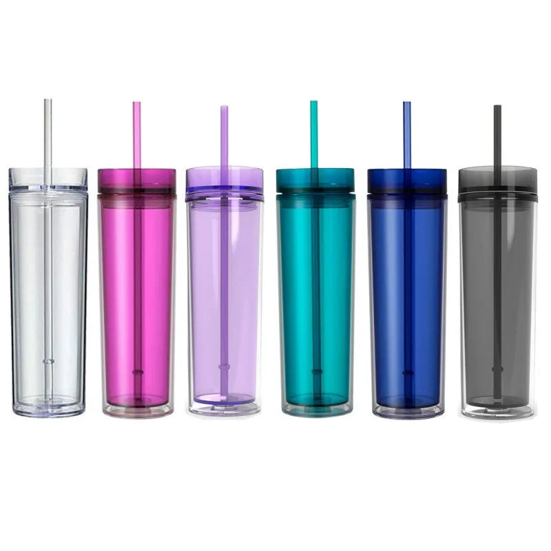 Acrylic Skinny Tumbler With Lid and Straw 16oz Double Wall Plastic Tumbler Cups Insulated Plastic Water Cup