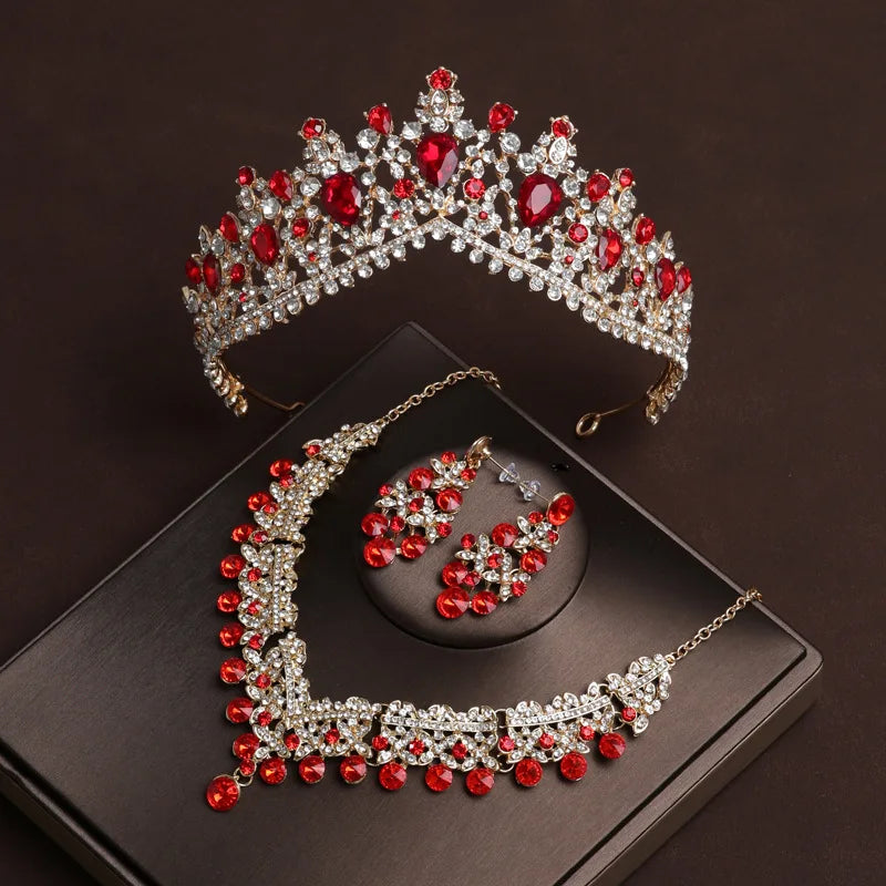 European and American Retro Red Diamond Bridal Headwear Baroque Crown Wedding Three Piece Set