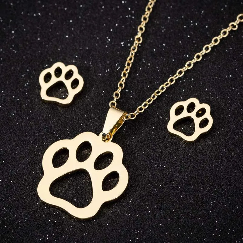 Fashion Non Tarnish 18K Gold Silver Plated Charm Cat Dog Paw Necklace Earring Jewelry Set for Women Ladies