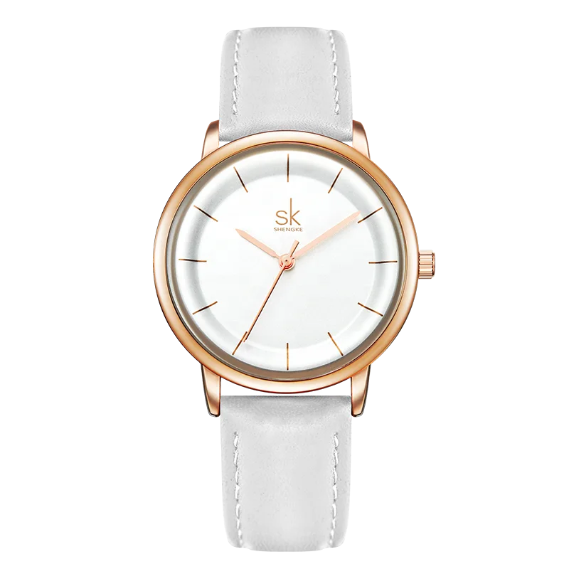 SHENGKE Womens Watches Luxury Leather Band Ladies Quartz Watch for Girls Simple Watches Gold/Black Color 2024 New Arrival
