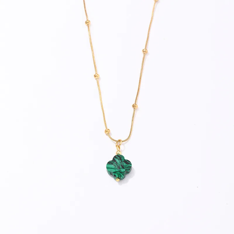 Emerald Clover Natural Pendant Women's Necklace Stainless Steel Light Luxury Birthday Gift Pendant Malachite Clover Necklace