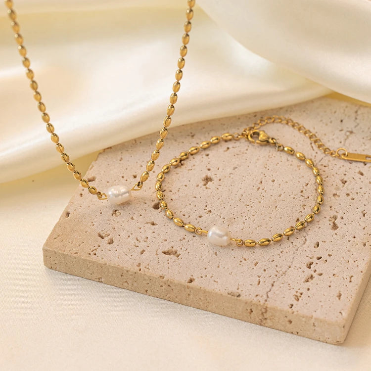 X140 Wholesale Gold Plated Stainless Steel Freshwater Pearl Pendant Necklace Bracelet Non Tarnish Jewelry Set for Women
