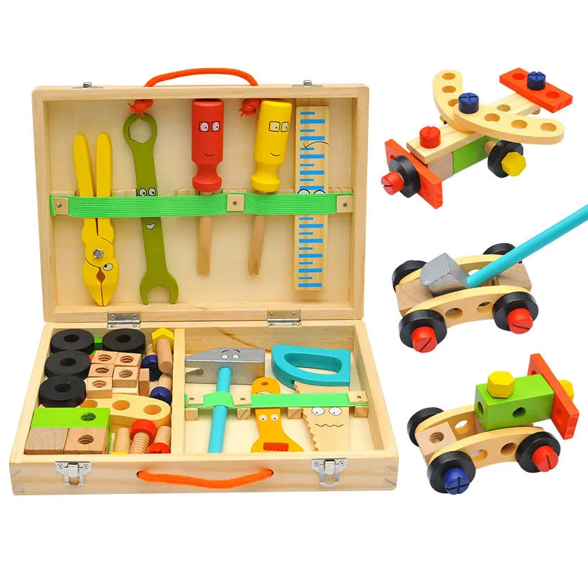 Wooden Toolbox DIY Construction Tool Wooden Tool Box Kids Early Education Toys for Assembly Disassembly Toy