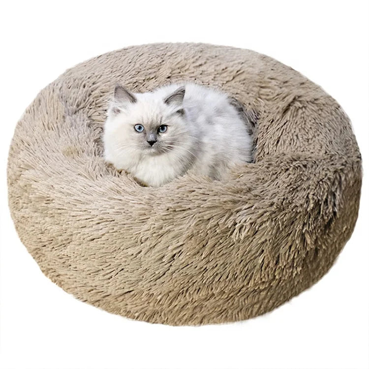 Donut Shaped Plush Pet Bed Soft Round Warming Cat Cushion Nest for Deep Sleep Comfortable Solid Pattern Pet Nest