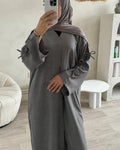 LM111 Modest Floor-Length Bow Kimono Stunning Crepe Textured Soft Fabric with Washable Solid Pattern Straight Silhouette Pockets