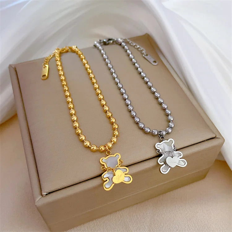 Wholesale Vintage Elegant Friendship Stainless Steel Beaded Chain Women Seashell Love Little Bear Bracelet