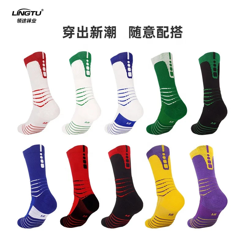 LINGTU OEM Jacquard Knit Embroidered Crew Socks Mens Running Custom Athletics Elite Basketball Sports Socks