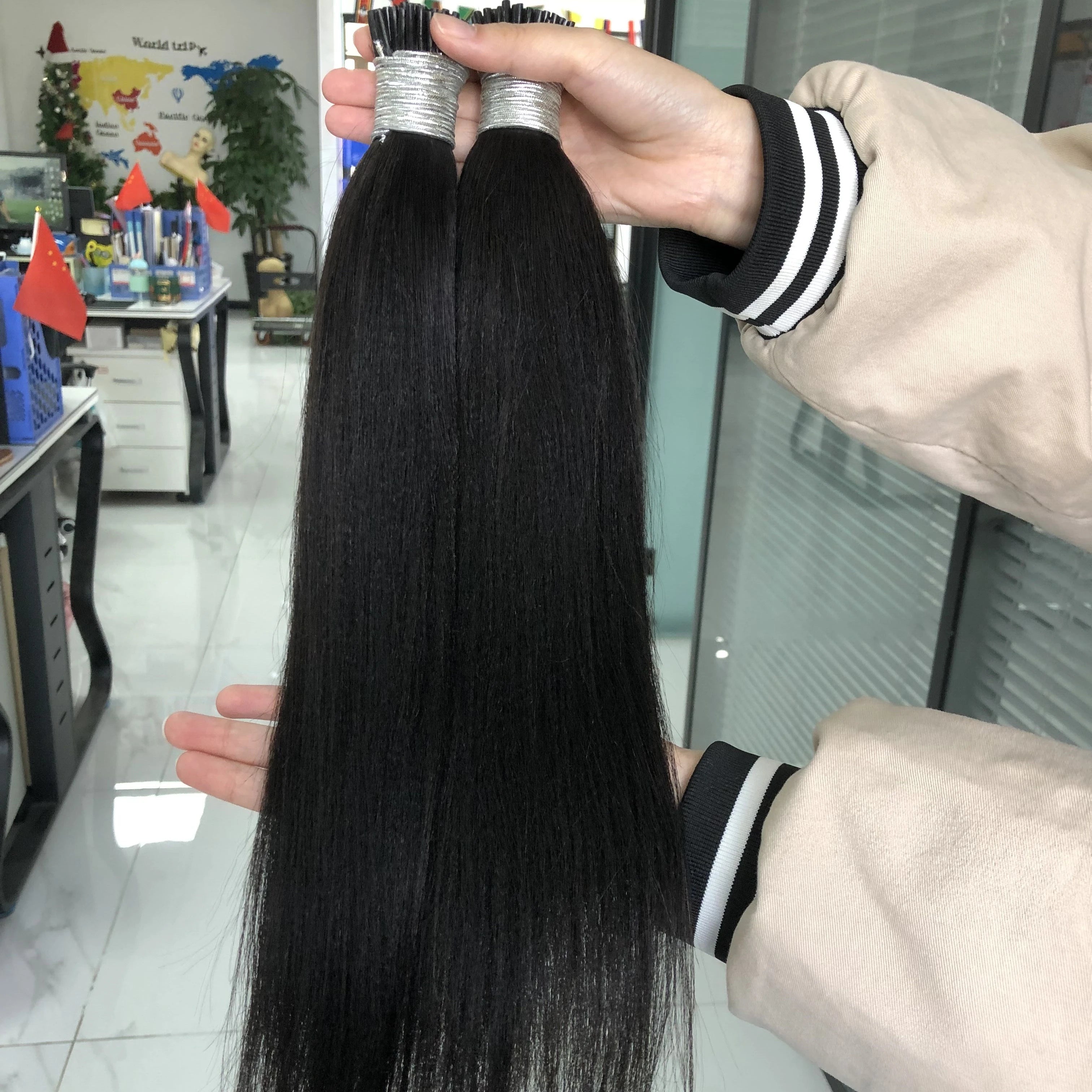 100% Raw Human Remy Hair Natural Black Kinky Straight Yaki Indian Virgin Pre-Bonded Keratin I Tip Tape Hair Extension