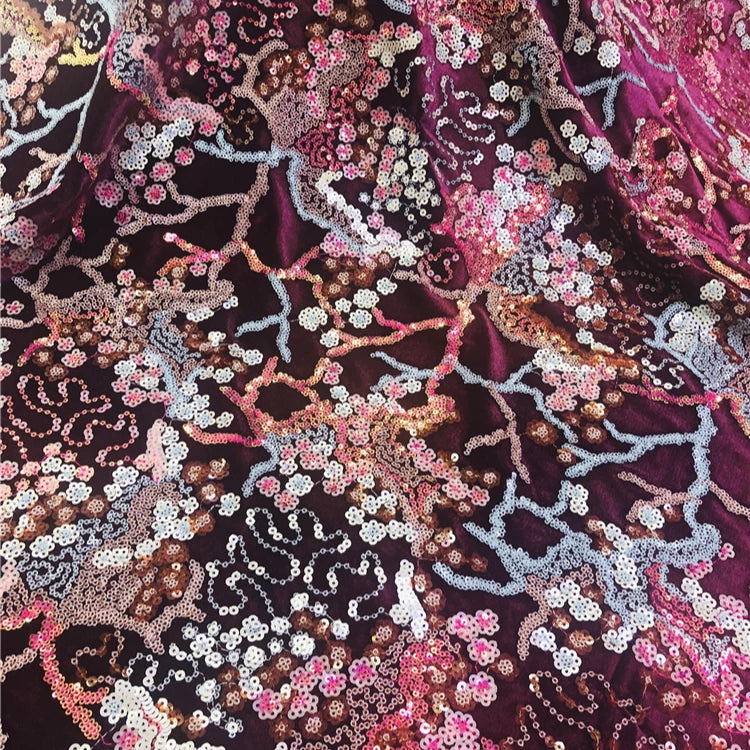 Wholesale Stretch Embroidered Velvet Fabric with 3D Sequins Floral Crochet Design for Wedding Dresses & Girls Clothing