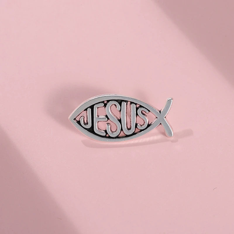 Animal Jesus Fish Enamel Pins Lapel Brooch Sweater Shirt Accessories Gifts Silver Color Cartoon Women Kids Jewelry Friends