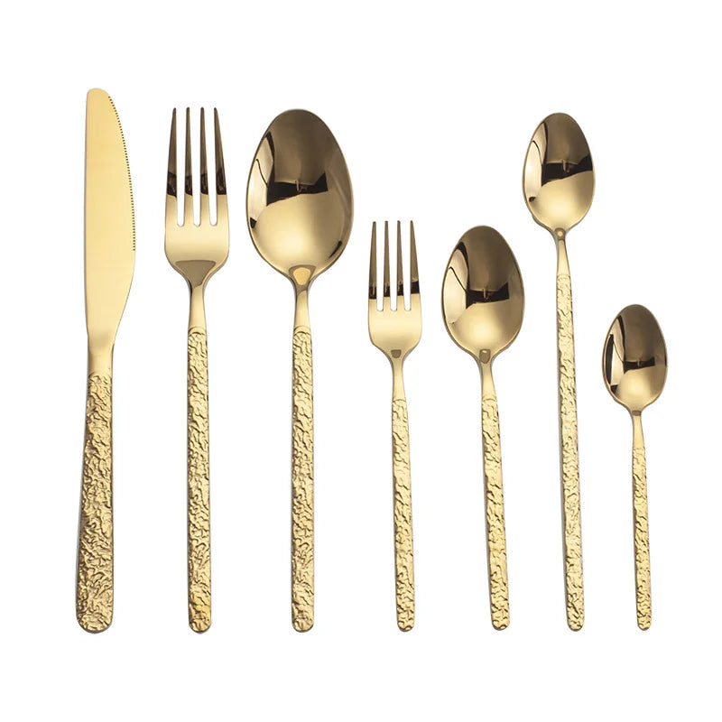 Creative Palace Relief Western Tableware Hotel Vintage Stainless Steel Knife Fork Spoon Set with Gold Cutlery Set for Wedding