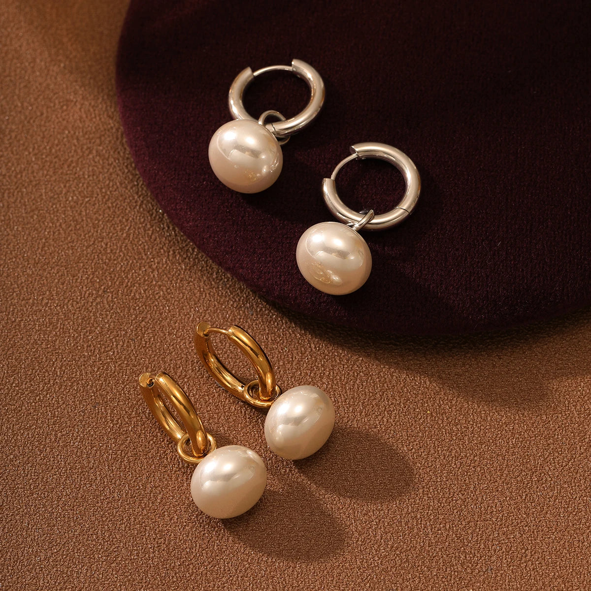 18k Real Gold Plated PVD Jewelry Waterproof Stainless Steel Earrings Platinum Natural Shell Pearl Drop Women's Hoop Earrings