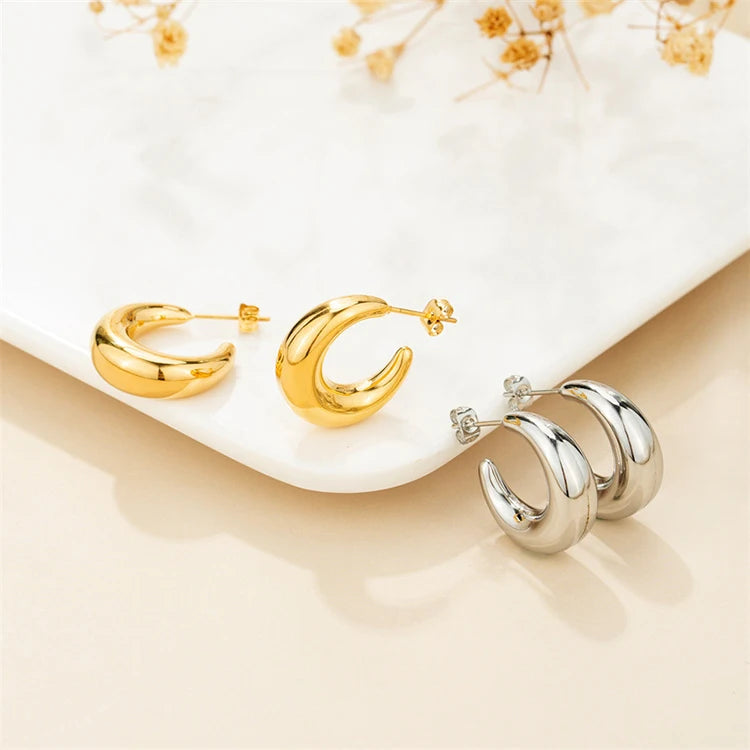 Y055 2023 INS Style Women Jewelry C Shaped Hoops Earring Stainless Steel PVD 18k Gold Plated Chunky Moon Drop Stud Earrings