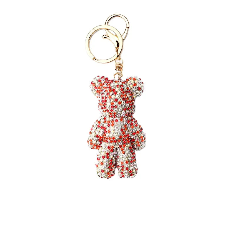 Fashionable Zinc Alloy Car Bag Accessories Cute Bear Color Fur Ball Keychain Girls Rhinestone Violent Style Cartoon Design