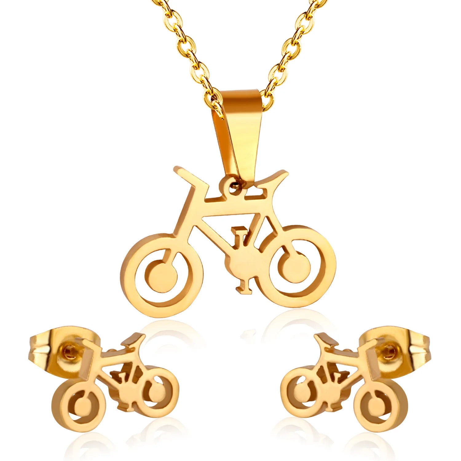 New Arrive Cutting Jewelry Set 18K PVD Gold Plated Stainless Steel Jewelry Set Bicycle Trendy Women Earrings and Necklace Sets