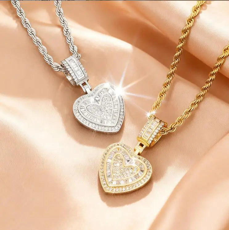 Gold-plated Copper Heart Collar Chain Trendy Hip-Hop Accessories Sweater Chain Unisex Pendant Zircon Necklace for Party
