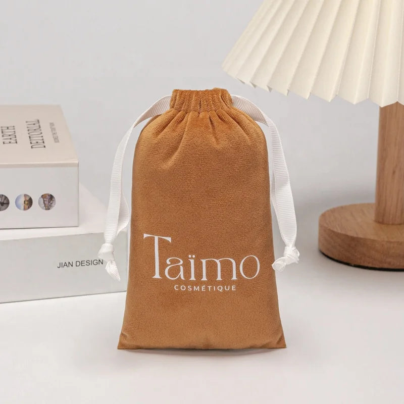 Baishun Custom Logo Printed Small Velvet Jewelry Storage Luxury Rectangle Scratch Resistant Drawstring Bag Gift Pouch Ribbon
