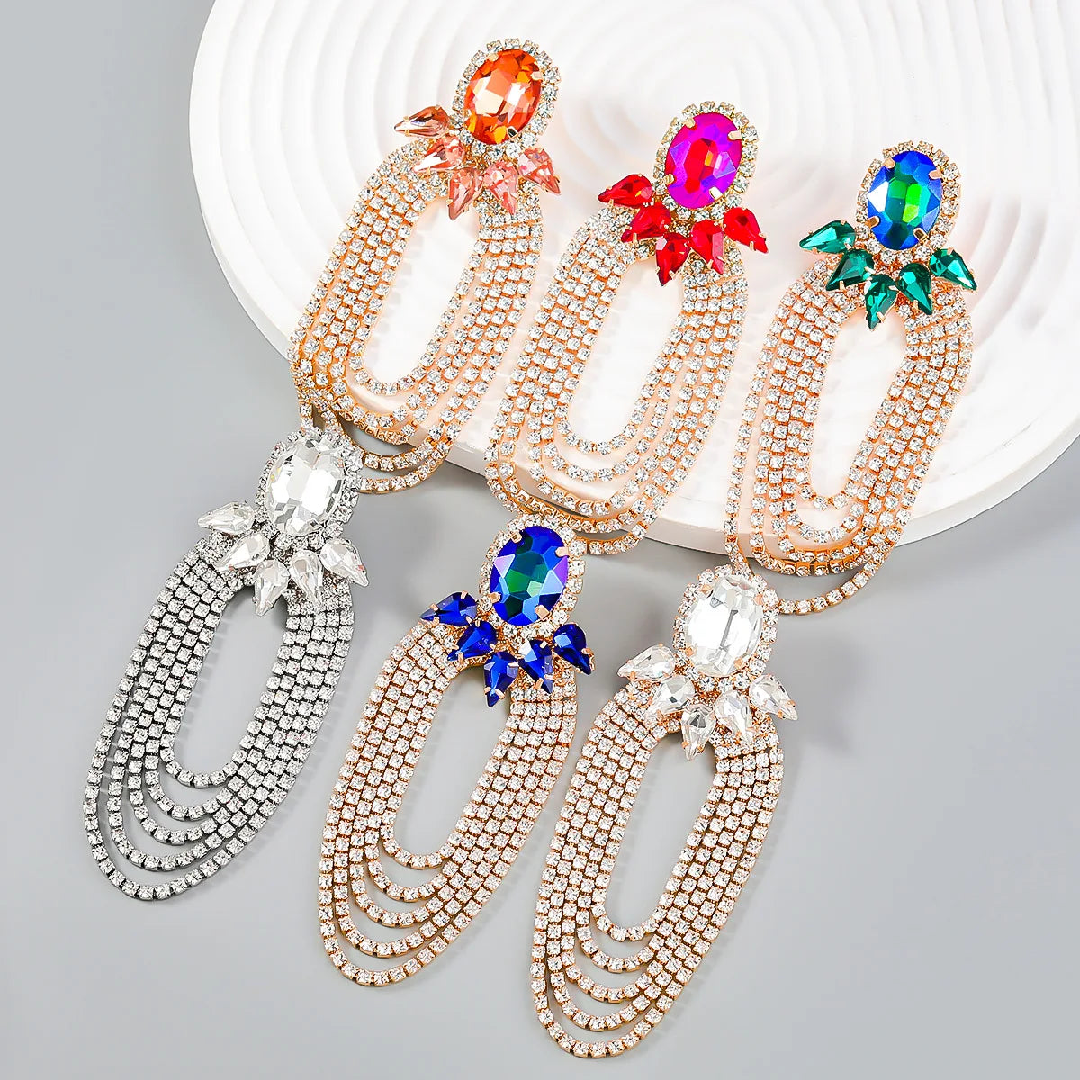 Wholesale  Fashion Jewelry in Exaggerated Alloy Inlaid Rhinestone Floral Chain Tassel Earrings for Women