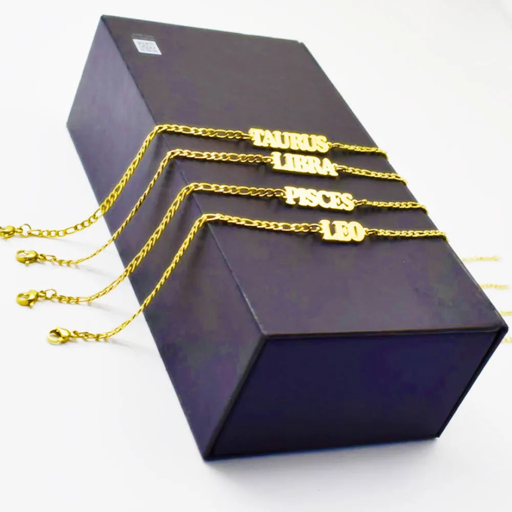 Stainless Steel Gold Plated Nk Chain English Font Gold Silver Plated Horoscope Twelve Zodiac Sign Anklets Foot Jewelry Set
