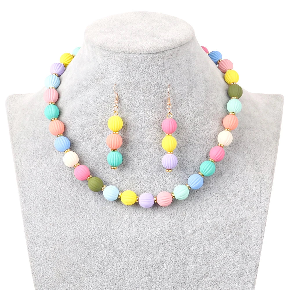 Macaron Color Sweet Girl Simple Necklace Gift Korean Frosted Pumpkin Beads Earrings Necklace Set Jewelry Necklace