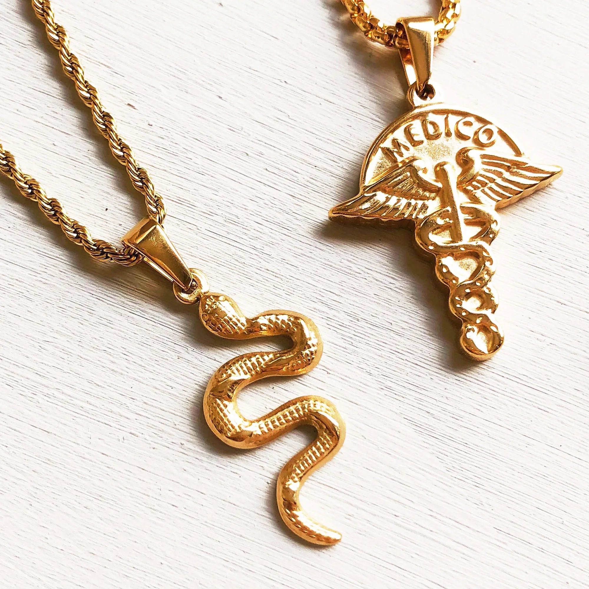 18k Gold Caduceus Necklace Snake and Wing Doctor Nurse Medical Symbol Pendant Angel Snake Cobra Necklace for Men